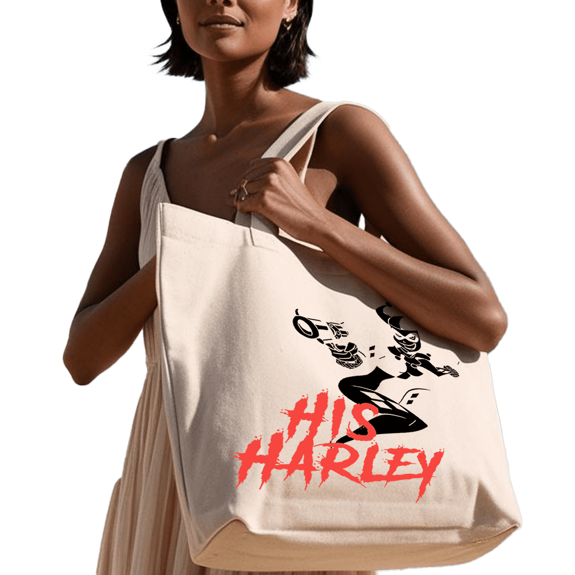 תיק בד TOTE BAG 'ההארלי שלו' - עיצוב מושך לבת הזוג הכי פרועה וממכרת שיש 💋🃏