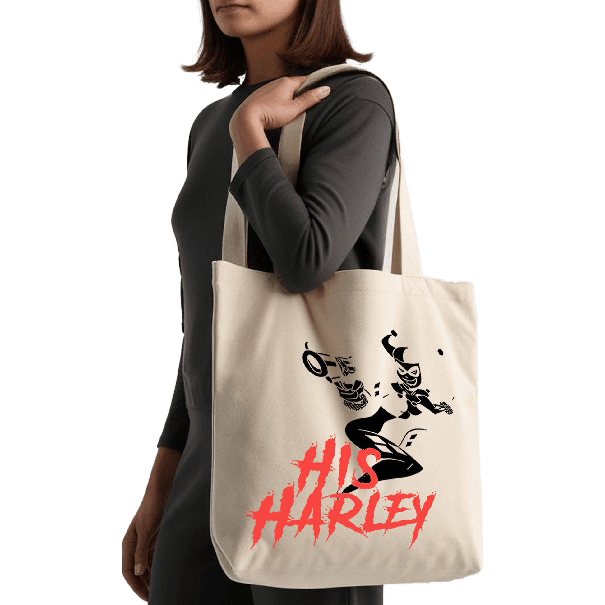 תיק בד TOTE BAG 'ההארלי שלו' - עיצוב מושך לבת הזוג הכי פרועה וממכרת שיש 💋🃏