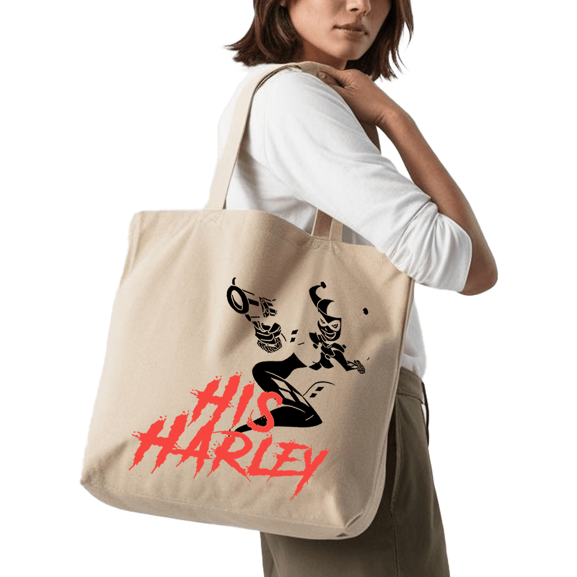 תיק בד TOTE BAG 'ההארלי שלו' - עיצוב מושך לבת הזוג הכי פרועה וממכרת שיש 💋🃏