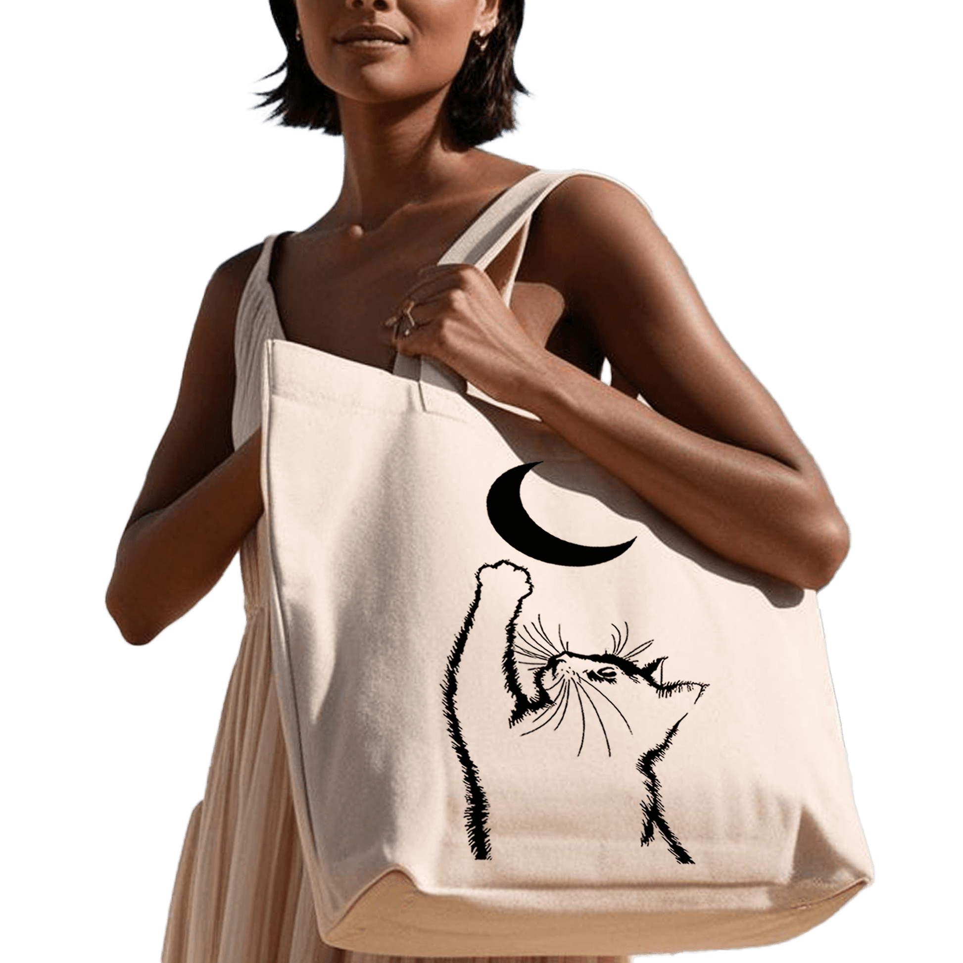 תיק בד TOTE BAG 'Moon Cat' בעיצוב אומנותי ומינימליסט לאוהבי חתולים 🌙