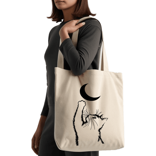 תיק בד TOTE BAG 'Moon Cat' בעיצוב אומנותי ומינימליסט לאוהבי חתולים 🌙