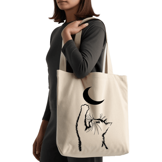 תיק בד TOTE BAG 'Moon Cat' בעיצוב אומנותי ומינימליסט לאוהבי חתולים 🌙