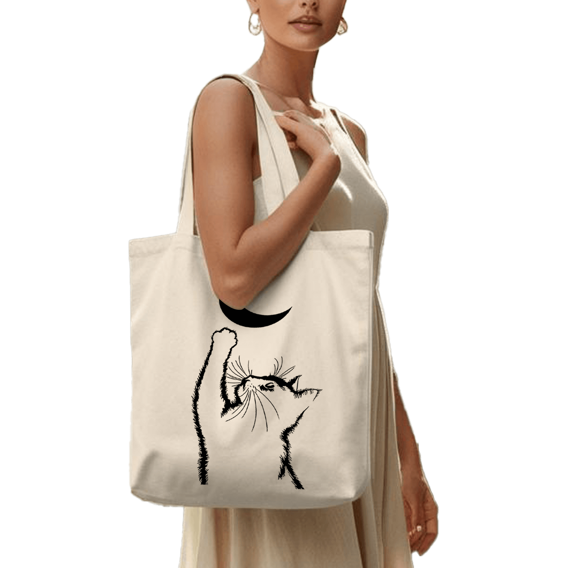 תיק בד TOTE BAG 'Moon Cat' בעיצוב אומנותי ומינימליסט לאוהבי חתולים 🌙