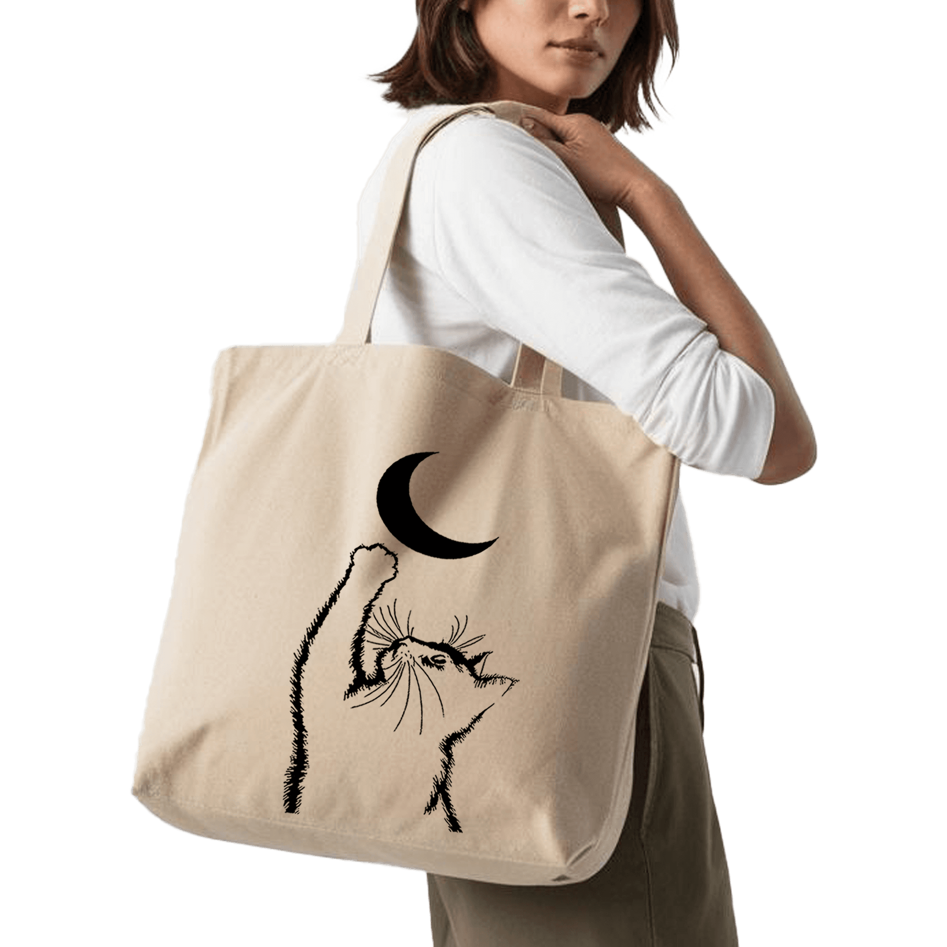 תיק בד TOTE BAG 'Moon Cat' בעיצוב אומנותי ומינימליסט לאוהבי חתולים 🌙