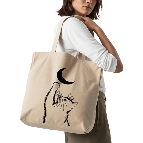 תיק בד TOTE BAG 'Moon Cat' בעיצוב אומנותי ומינימליסט לאוהבי חתולים 🌙