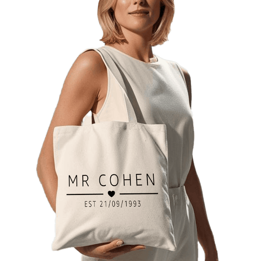תיק בד TOTE BAG 'מיסטר + תאריך נישואין' - להיות הגבר היחיד בסטייל אלגנטי ✨