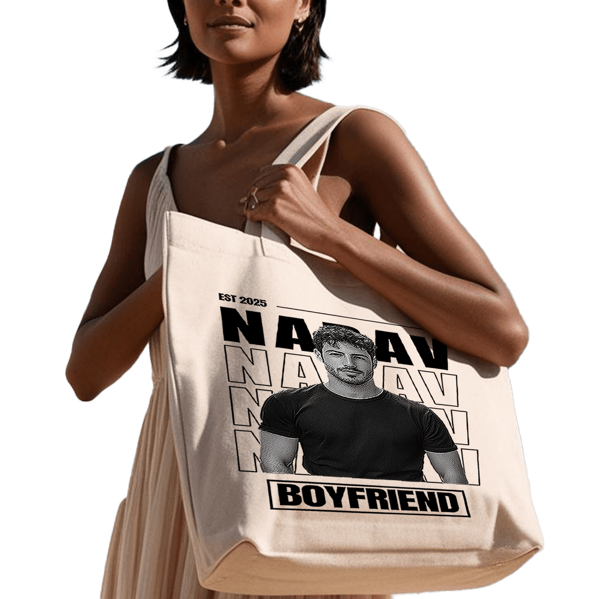 תיק בד TOTE BAG 'הבויפרנד שלי' - עיצוב 'בלאק אנד ווייט' בהתאמה אישית 🎁🔥