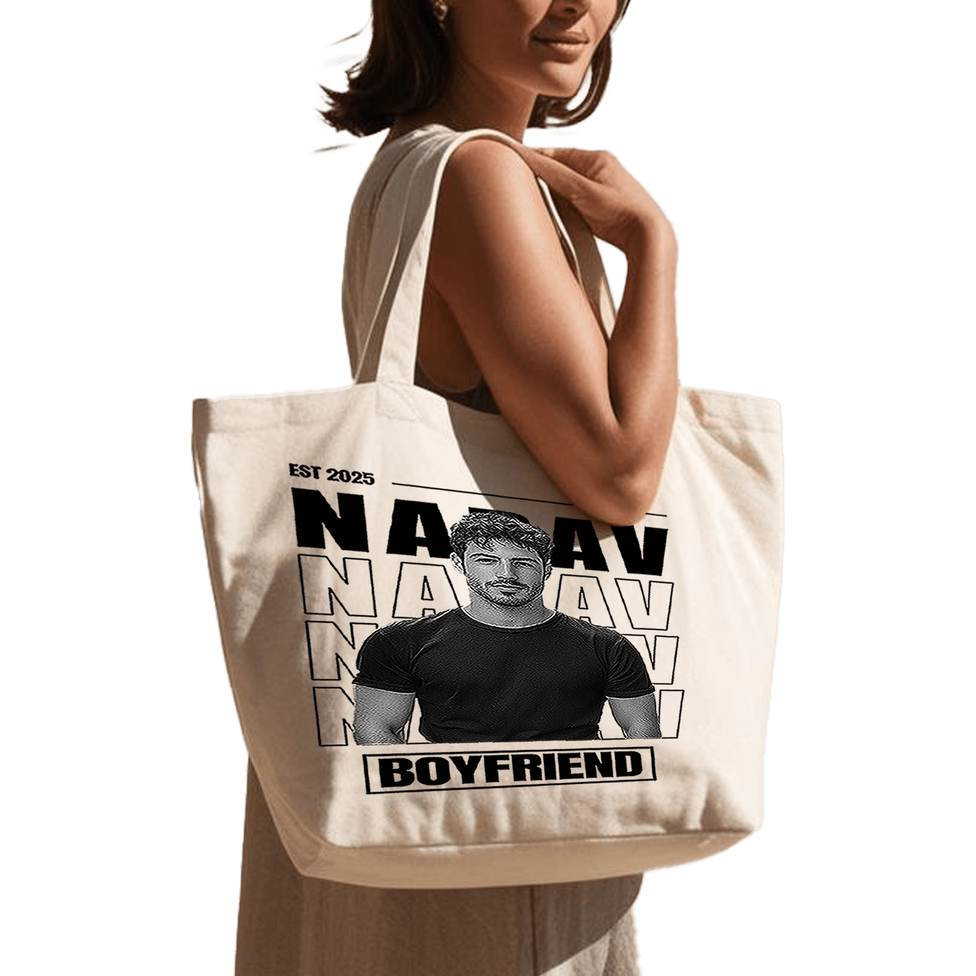 תיק בד TOTE BAG 'הבויפרנד שלי' - עיצוב 'בלאק אנד ווייט' בהתאמה אישית 🎁🔥