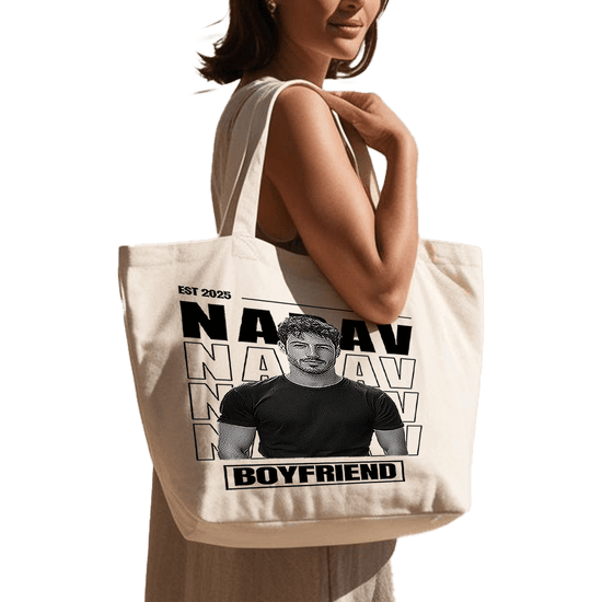 תיק בד TOTE BAG 'הבויפרנד שלי' - עיצוב 'בלאק אנד ווייט' בהתאמה אישית 🎁🔥
