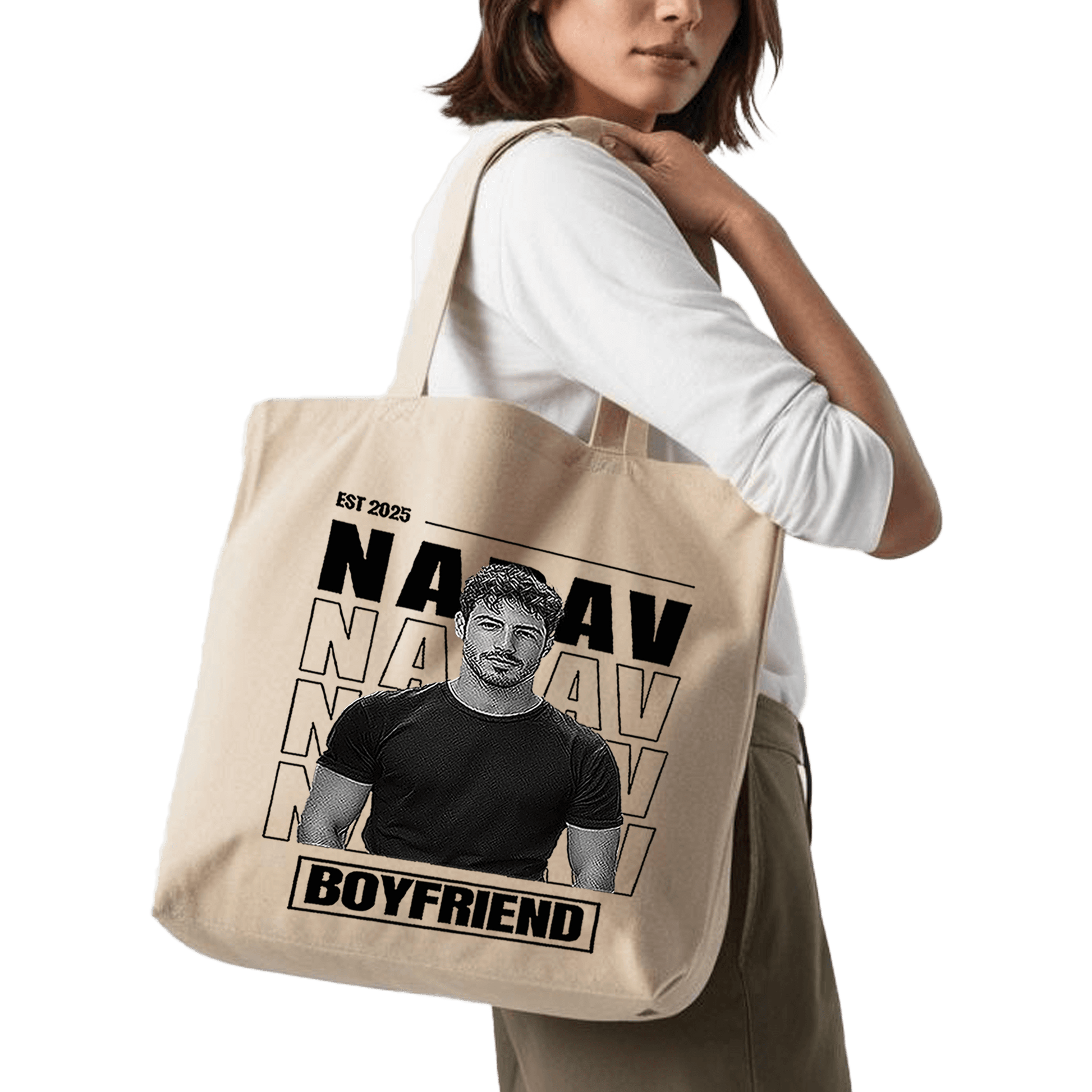 תיק בד TOTE BAG 'הבויפרנד שלי' - עיצוב 'בלאק אנד ווייט' בהתאמה אישית 🎁🔥