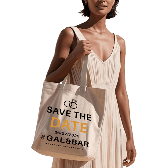 תיק בד TOTE BAG 'Save The Date' - מתנה מושלמת לזוגות מאורסים | שם ותאריך בהתאמה אישית 💍✨