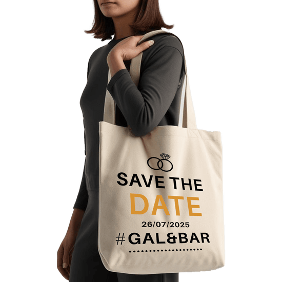 תיק בד TOTE BAG 'Save The Date' - מתנה מושלמת לזוגות מאורסים | שם ותאריך בהתאמה אישית 💍✨